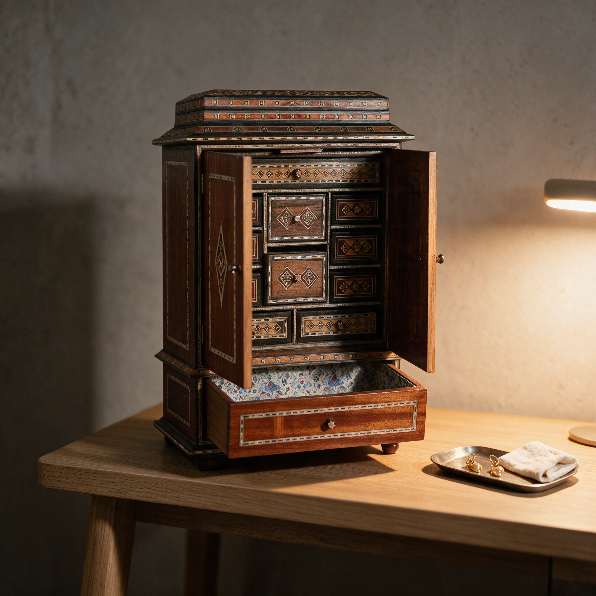 The Emir's Jewel Cabinet with doors open on a dressing table in a modern Dubai villa