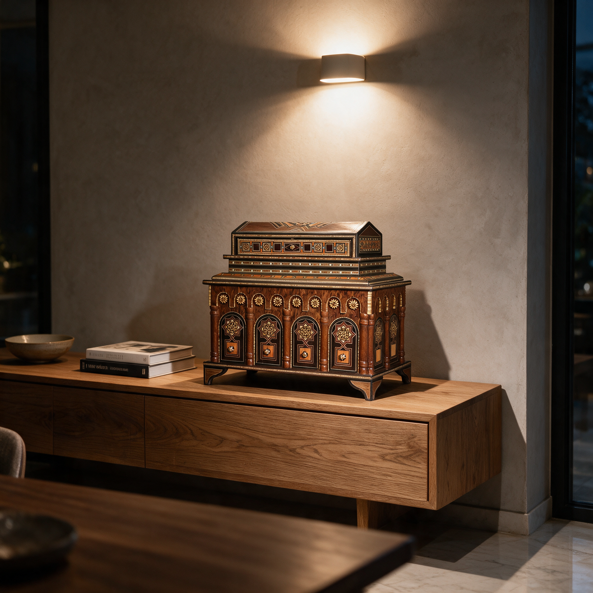 The Levantine Heirloom Chest on a sideboard in the dining area of a modern Dubai villa