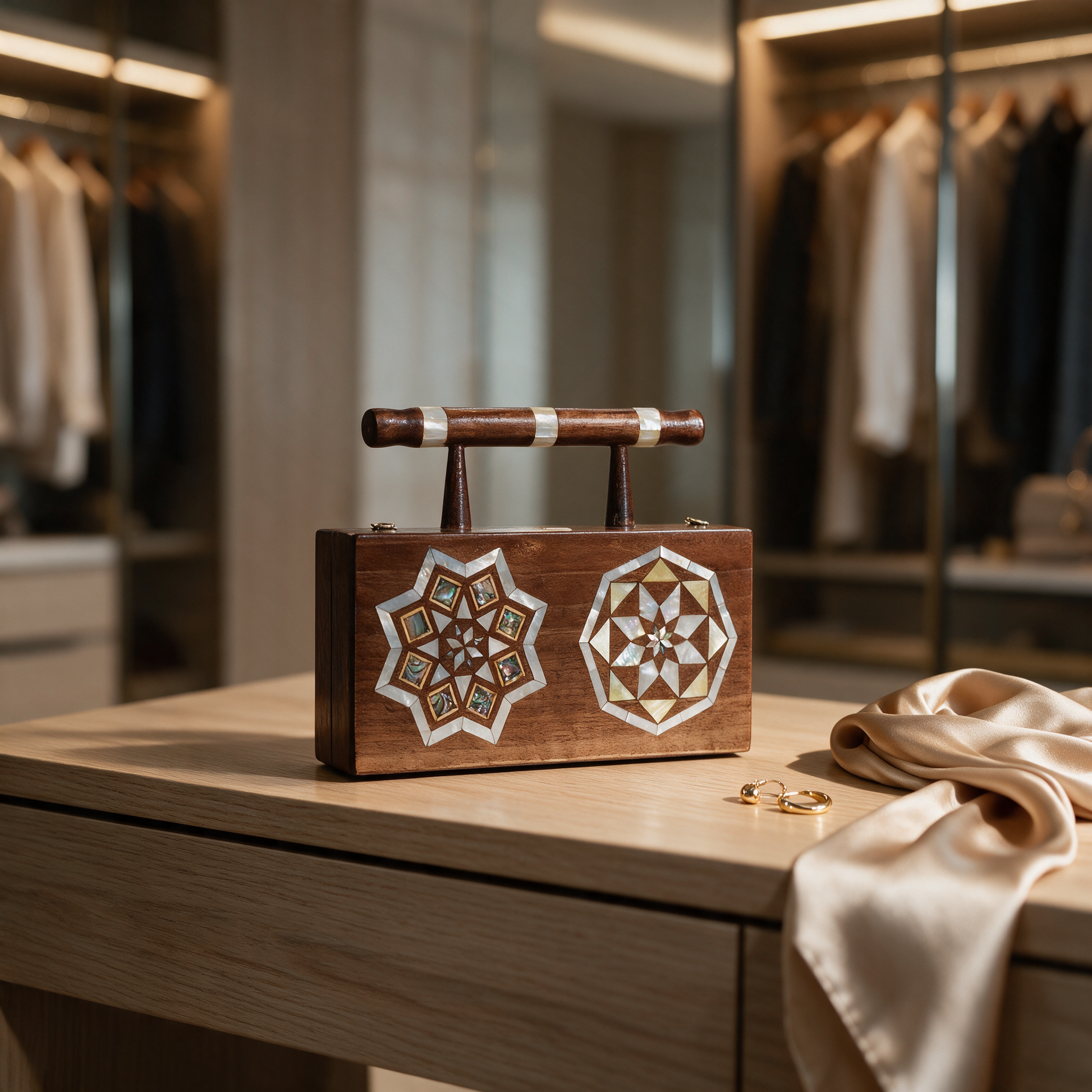The Mosaic Star Handbag Box styled in a walk-in dressing room of a modern Dubai villa