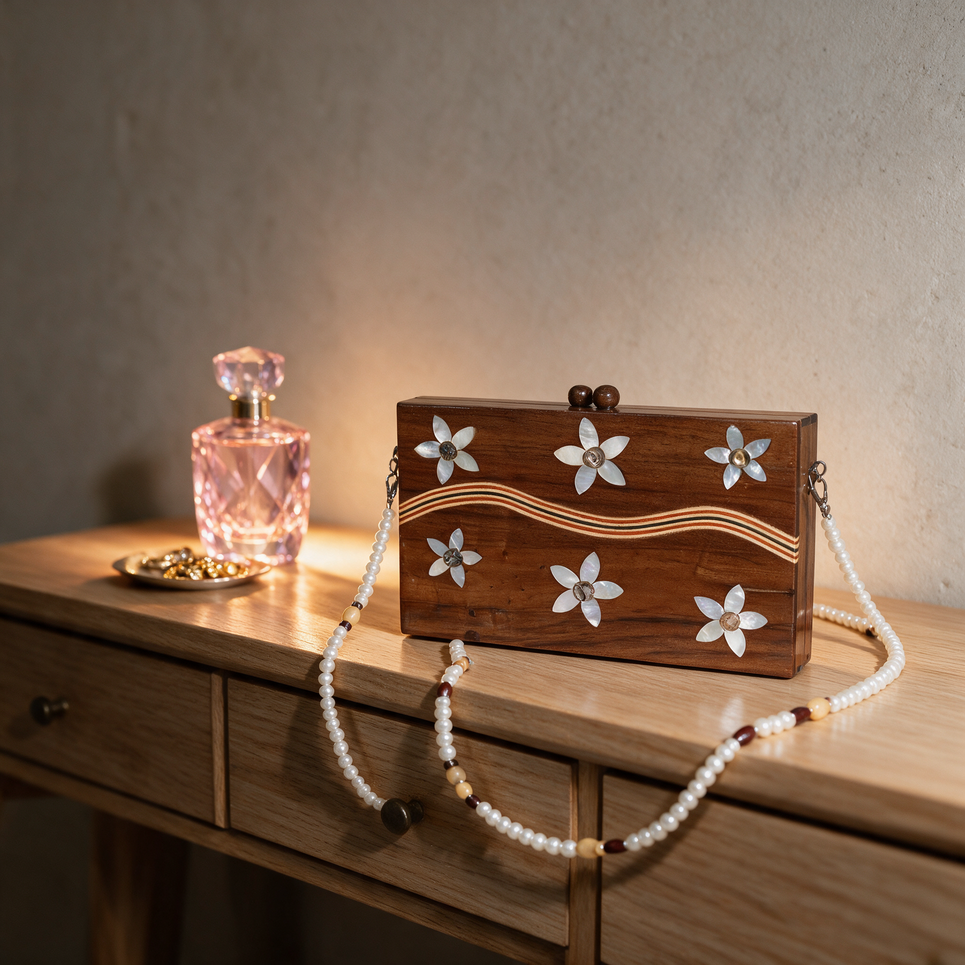 The Blossom Clutch with mother-of-pearl inlay on a dressing table in a modern Dubai villa