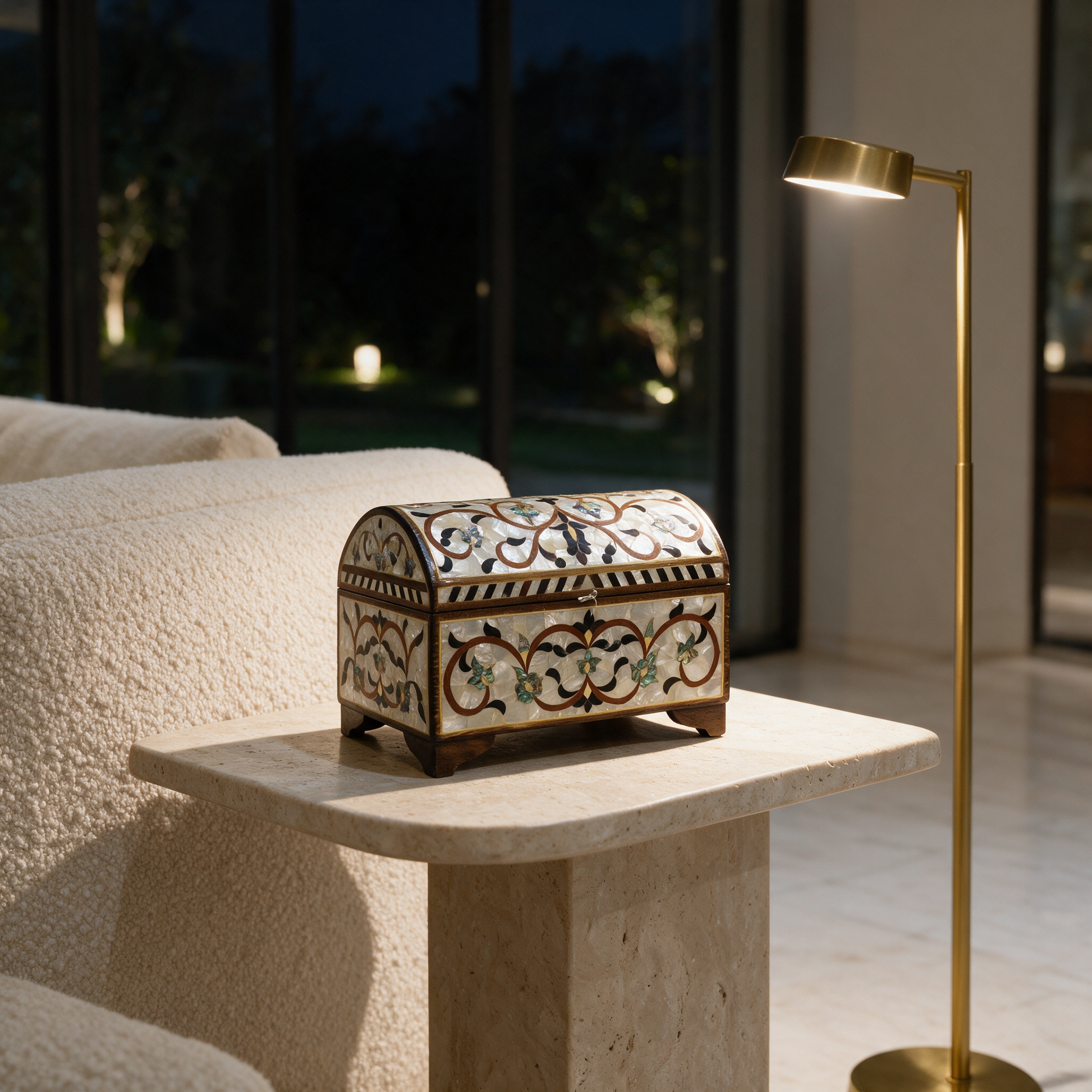 The Pearl Vine Chest with domed lid on a side table in a modern Dubai villa living room