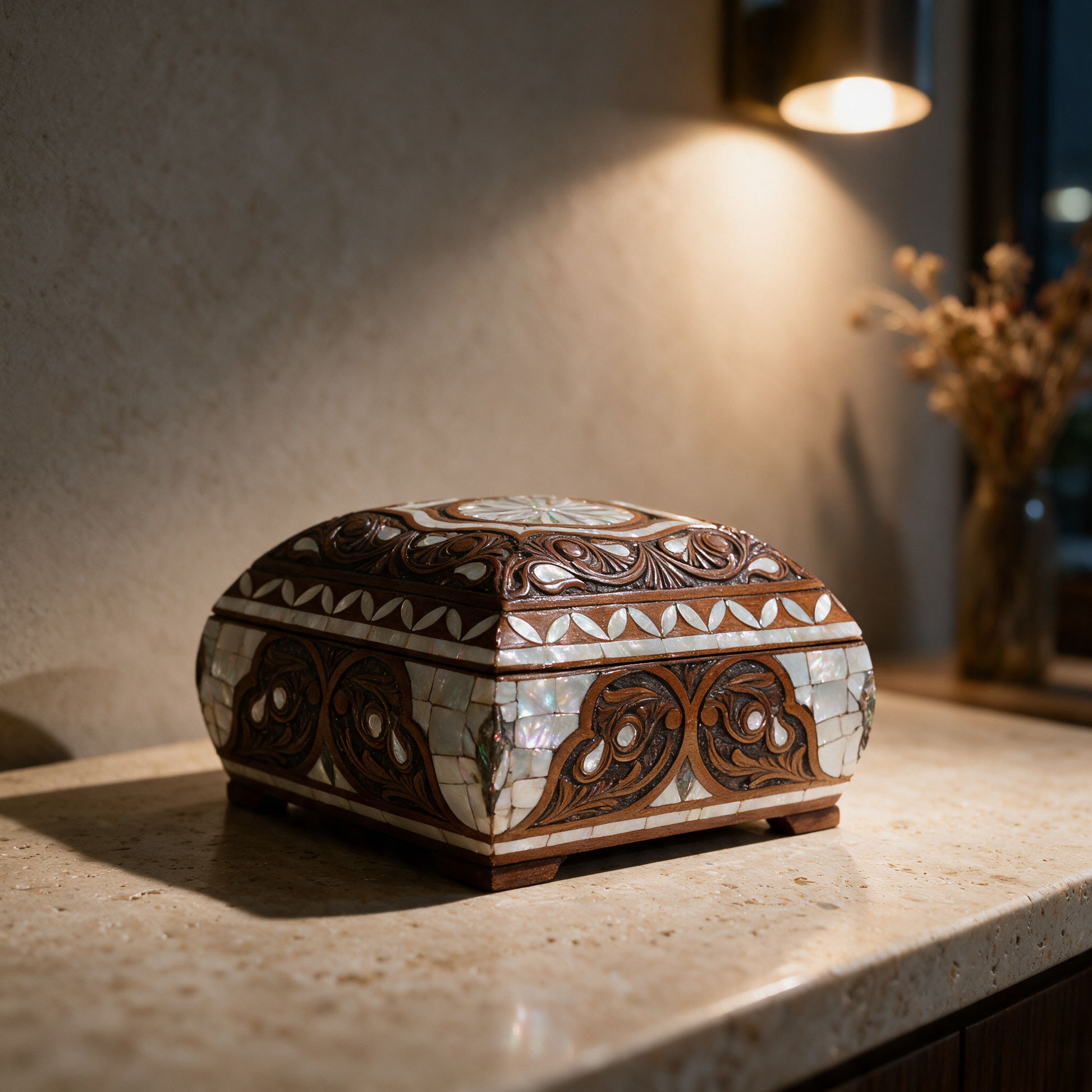 The Damascene Blossom Chest with mother-of-pearl starburst inlay on a console in a modern Dubai villa