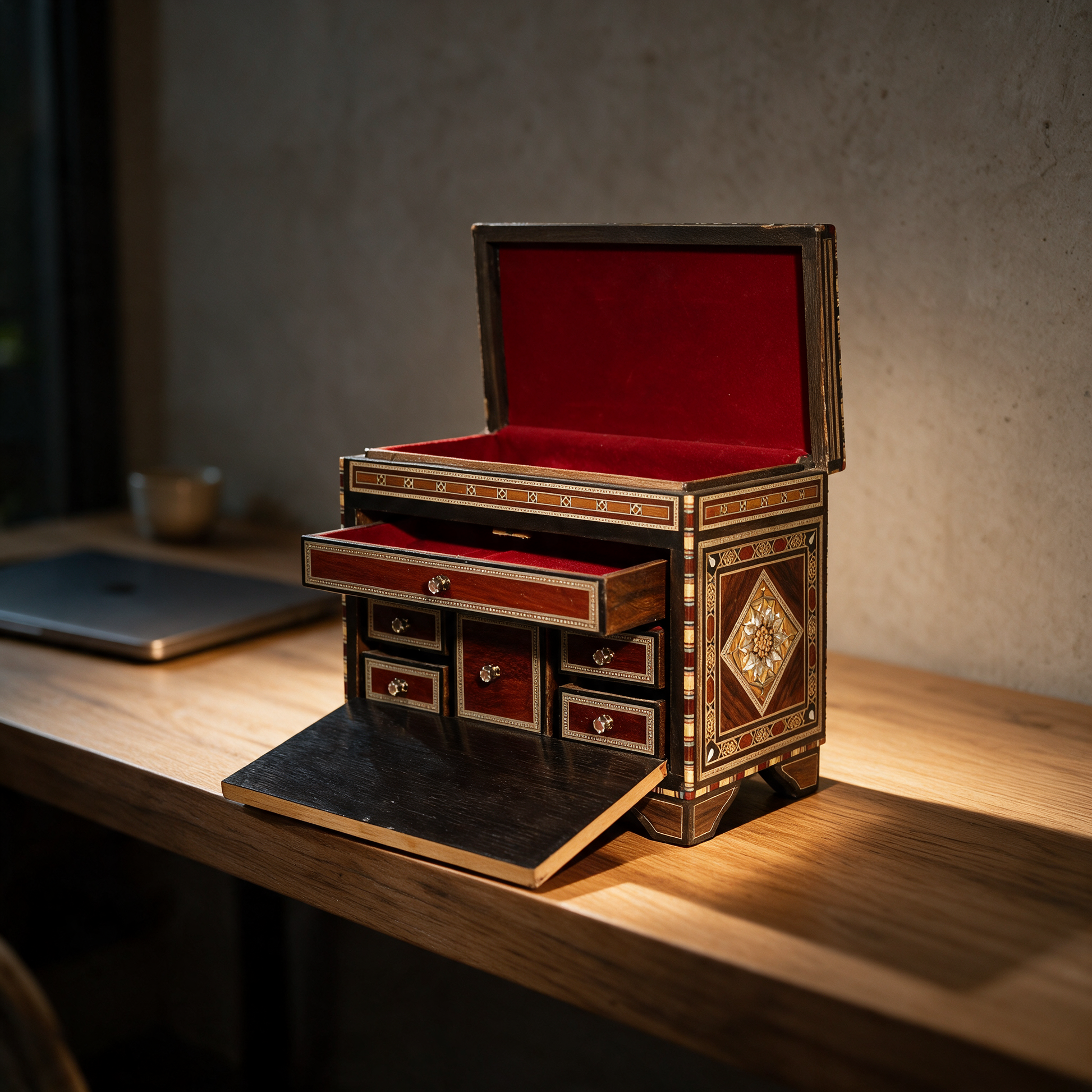 The Emir's Treasure Chest open on a desk in the study of a modern Dubai villa, revealing its red velvet interior