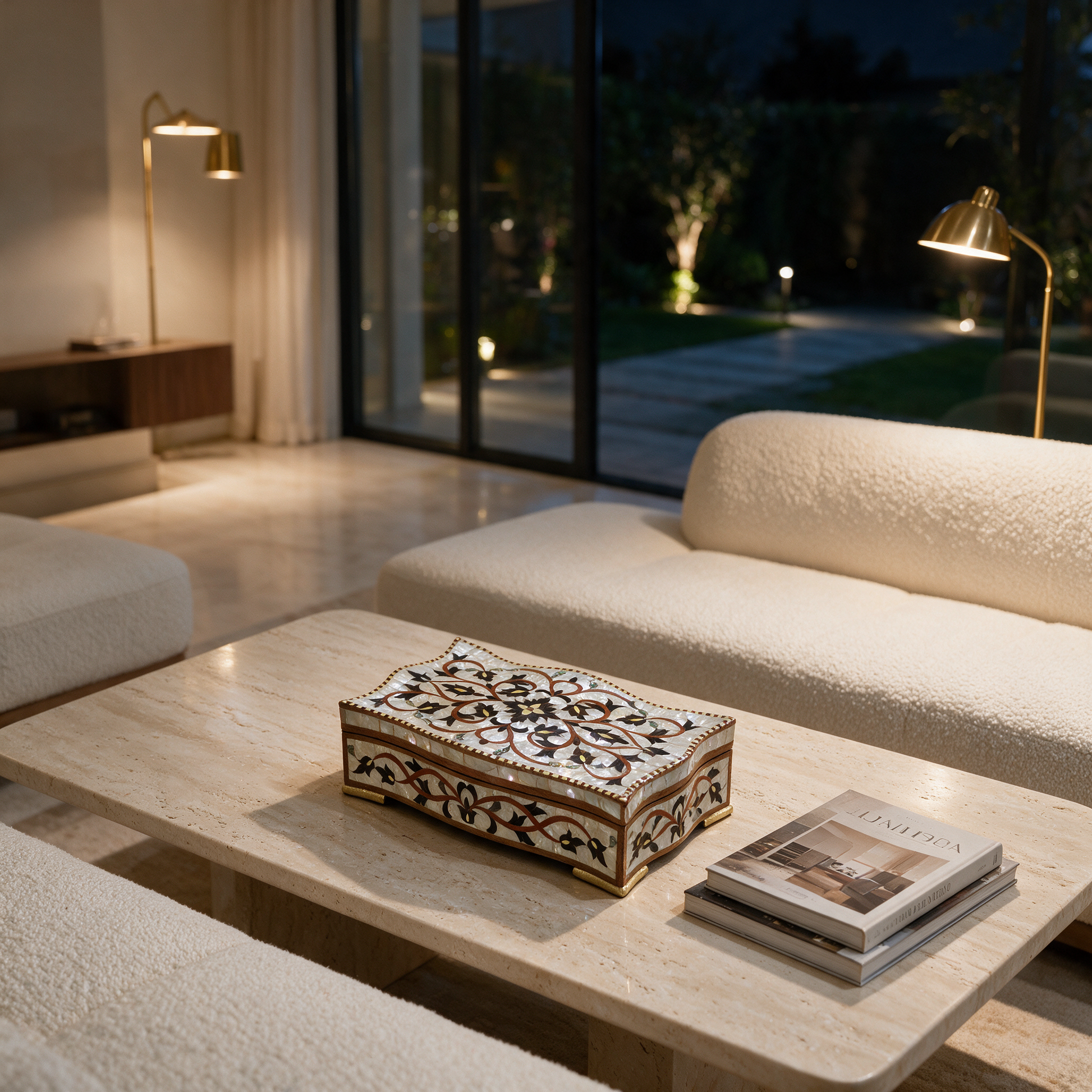 Aurora Jewelry Chest with mother-of-pearl inlay on a coffee table in a modern Dubai villa living room