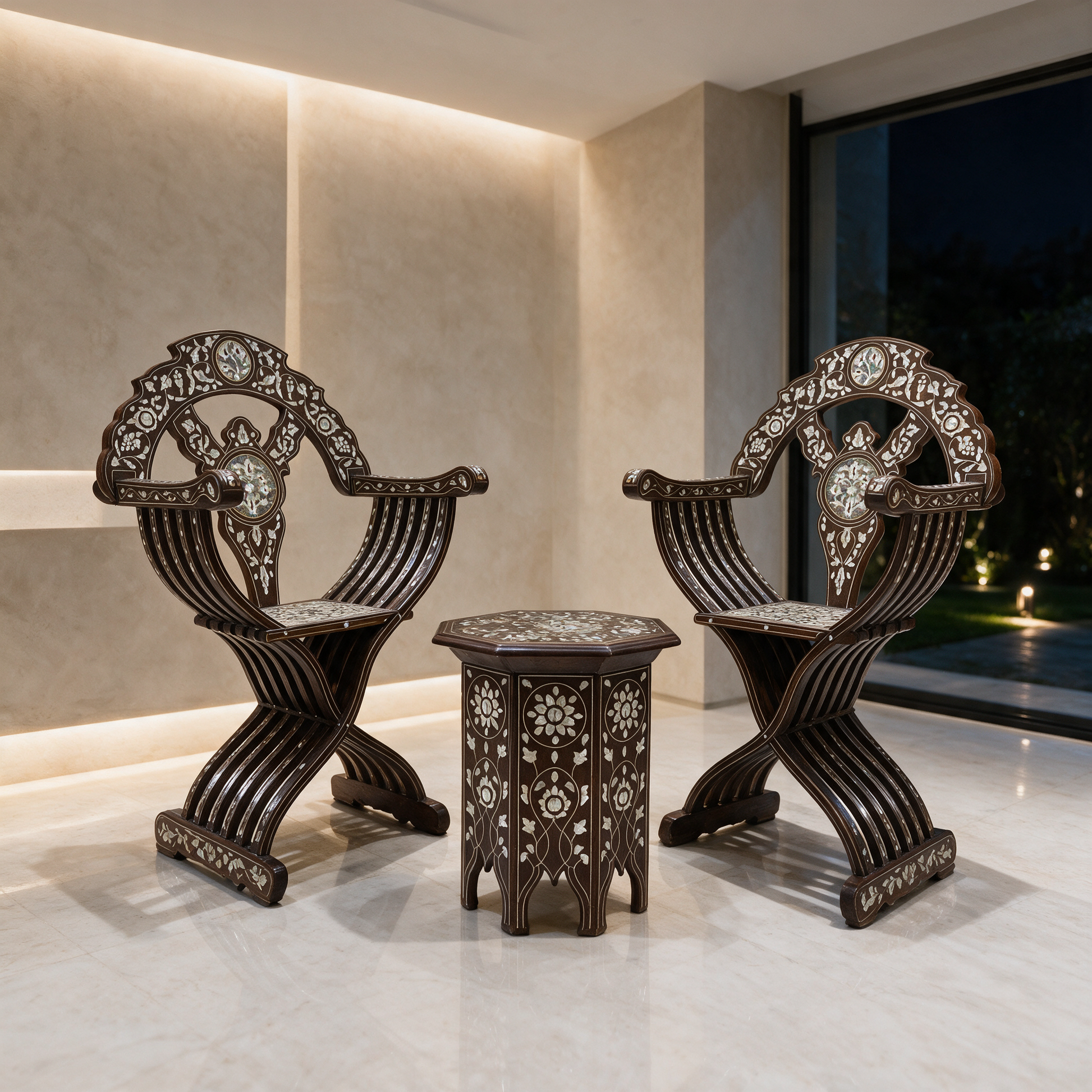 The Celestia Inlay Majlis Set with mother-of-pearl chairs and hexagonal table in a modern Dubai villa majlis