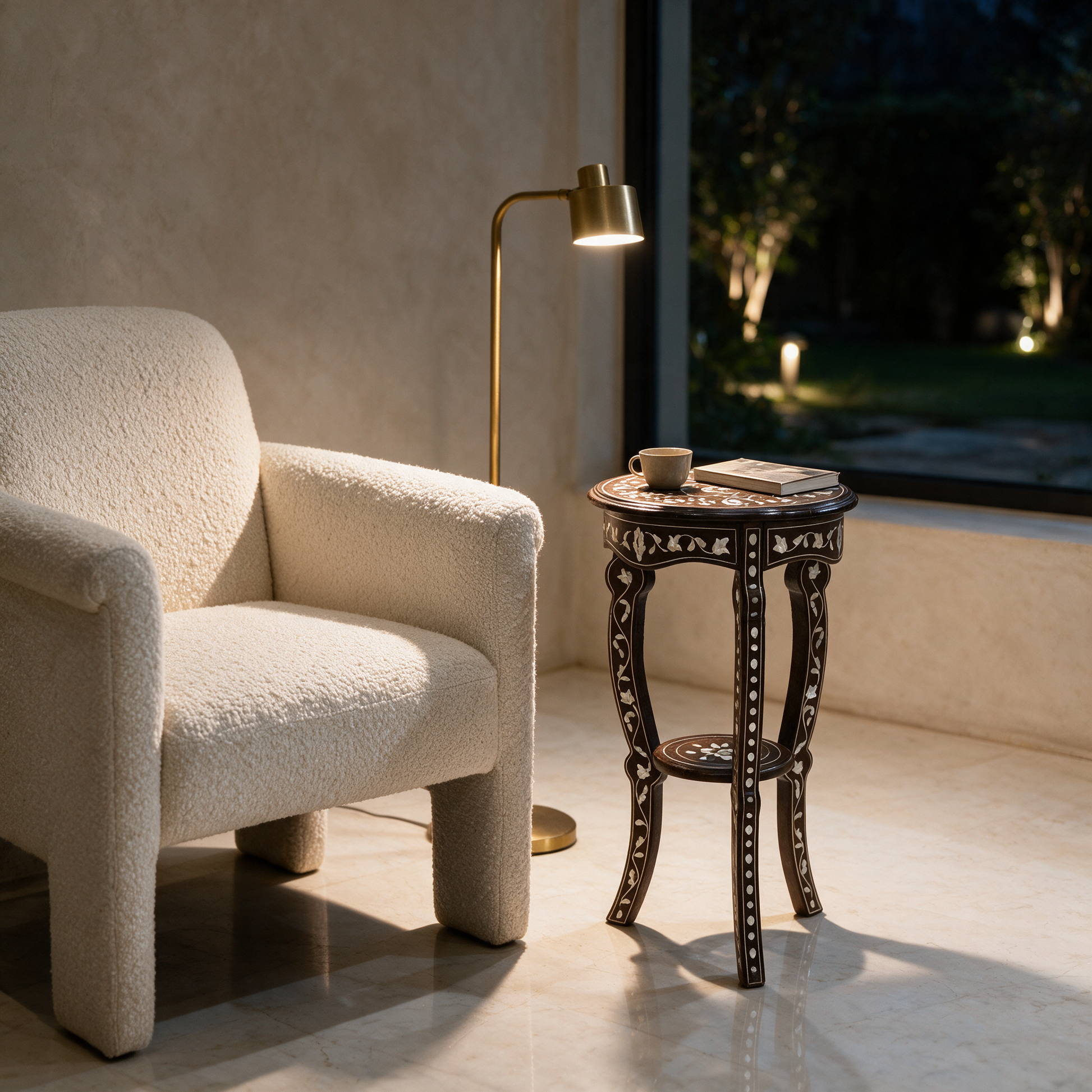 Celestia Round Accent Table with mother-of-pearl inlay in a modern Dubai villa lounge corner