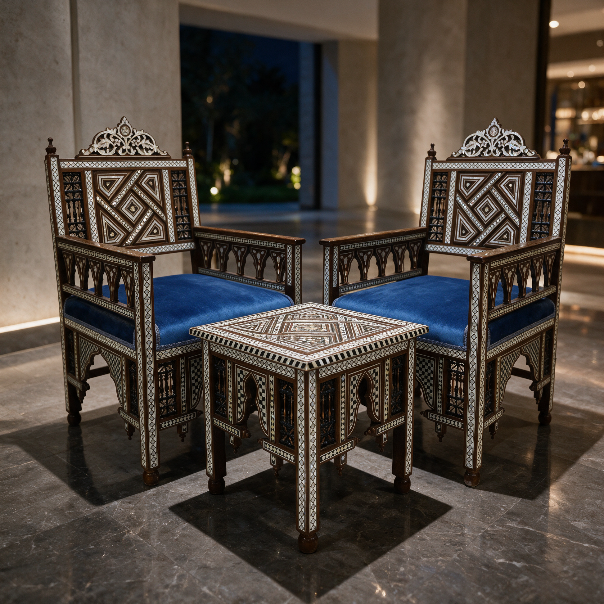 Aurum Inlay Majlis Set with mother-of-pearl armchairs and table in a modern Dubai boutique hotel lounge