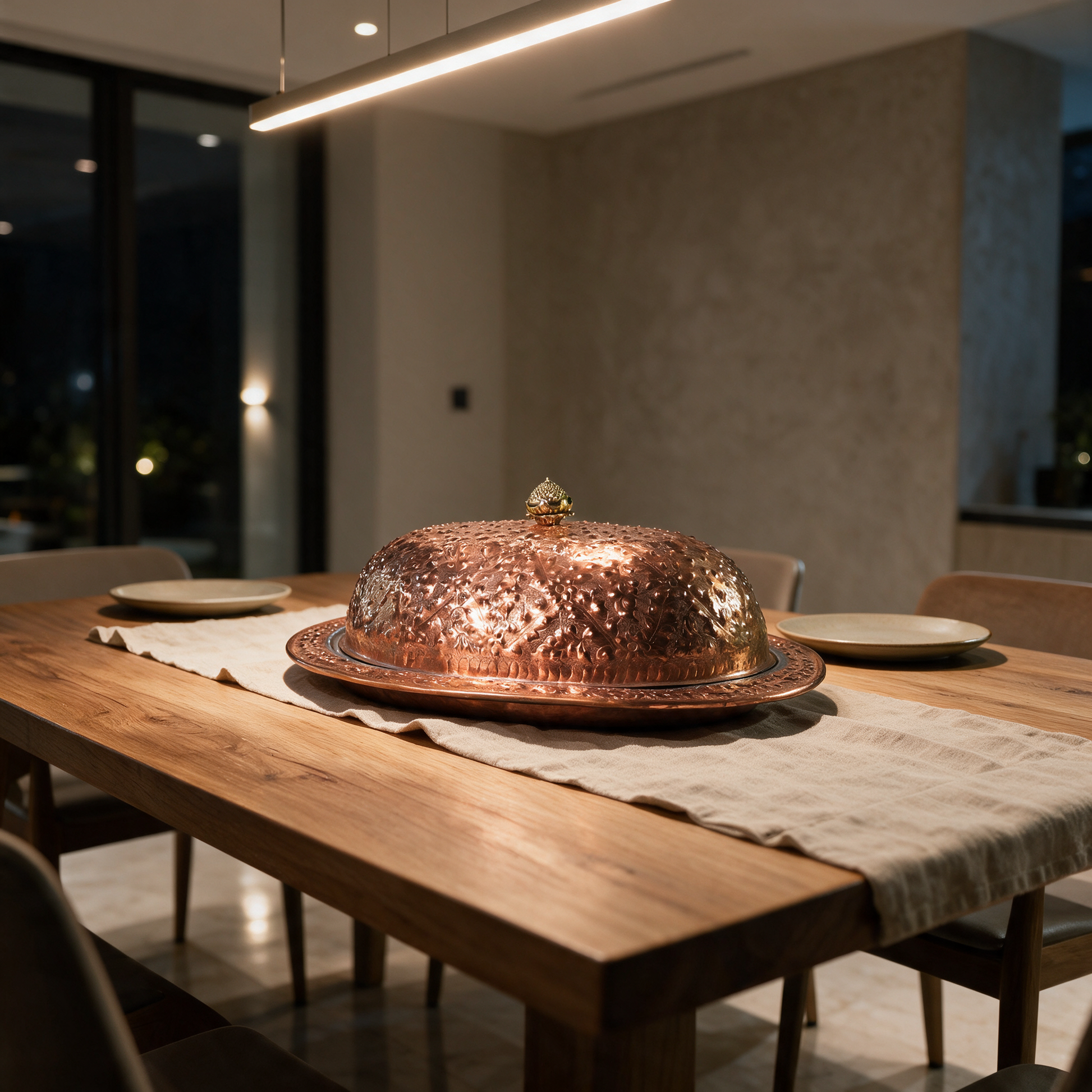 Palace Feast Dome hammered copper serving dome on the dining table of a modern Dubai villa