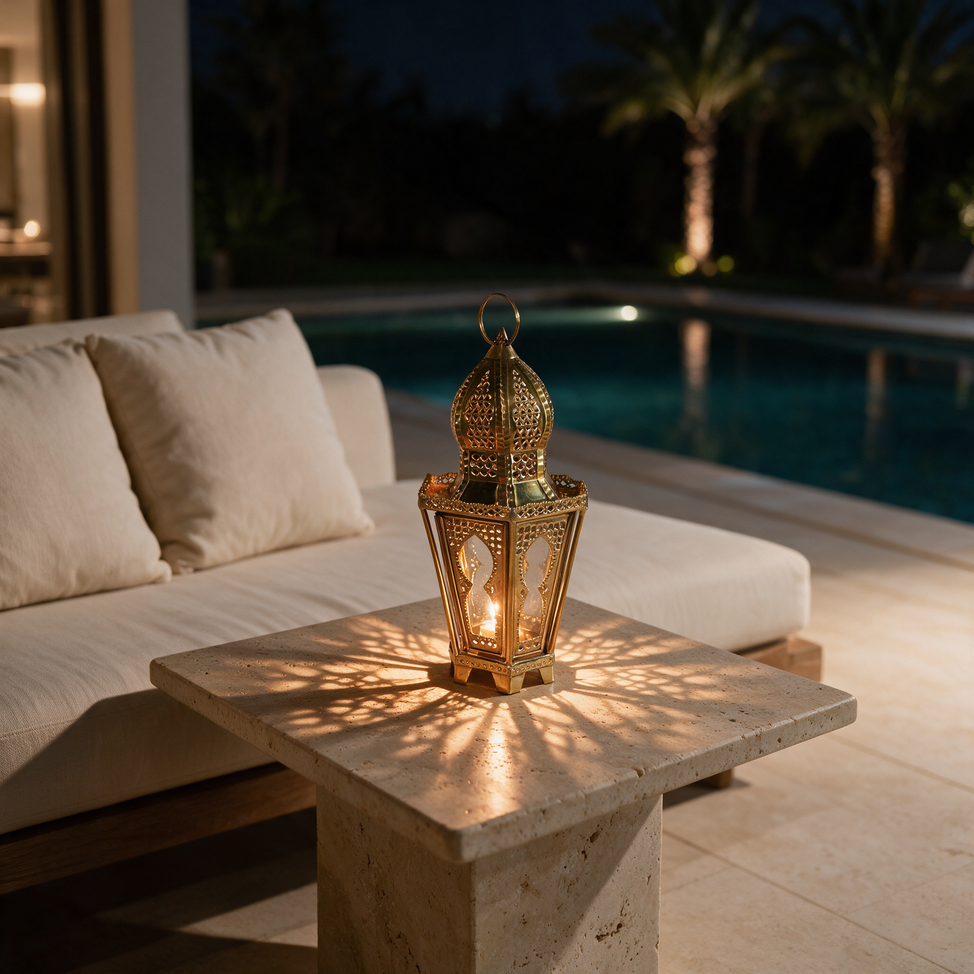 Golden Minaret Lantern glowing on the terrace of a modern Dubai villa at night