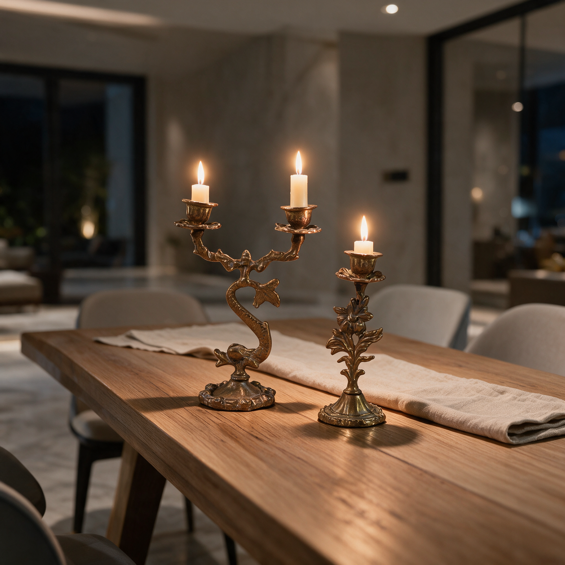 Eternal Glow copper candleholder set lit on the dining table of a modern Dubai villa