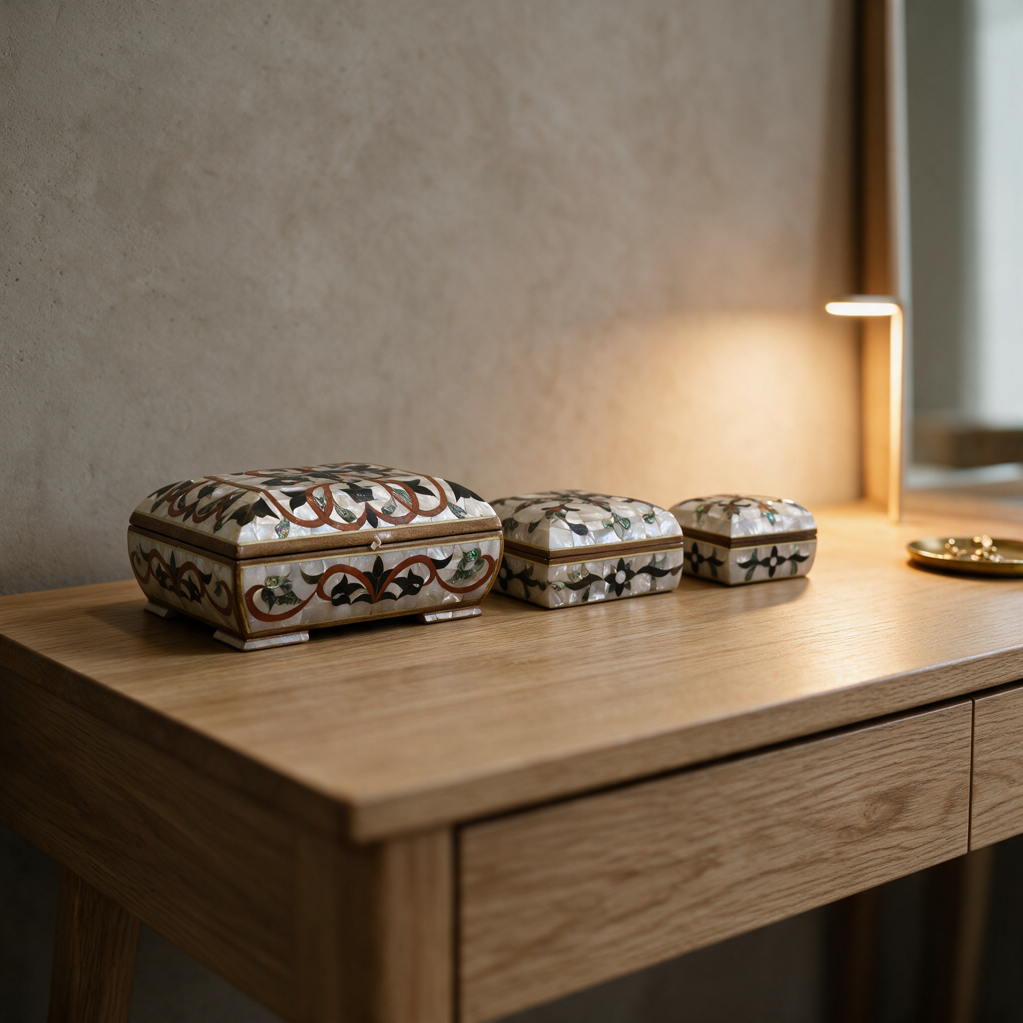 Mother of Pearl Floral Jewelry Chest Set of three nesting chests on a dressing table in a modern Dubai villa