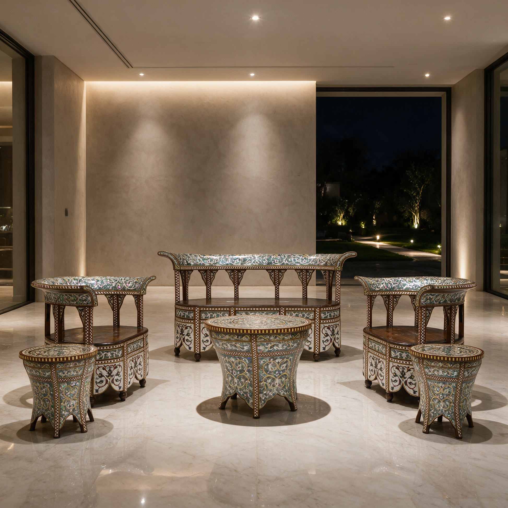 Royal Majlis Set with mother-of-pearl inlay sofas, armchairs and tables in a grand majlis room of a modern Dubai villa