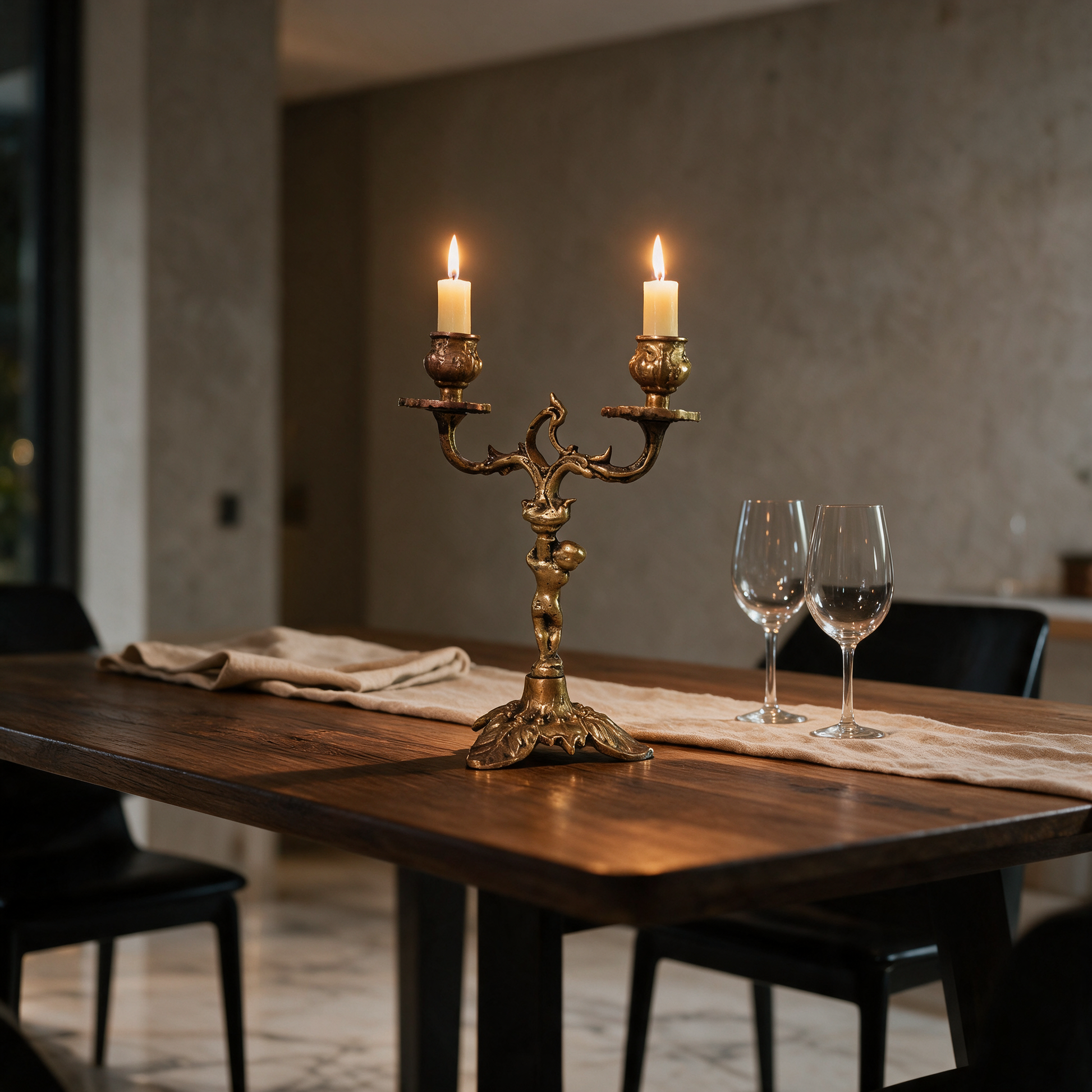 Guardian of Light Twin Flame copper candelabrum lit on the dining table of a modern Dubai villa