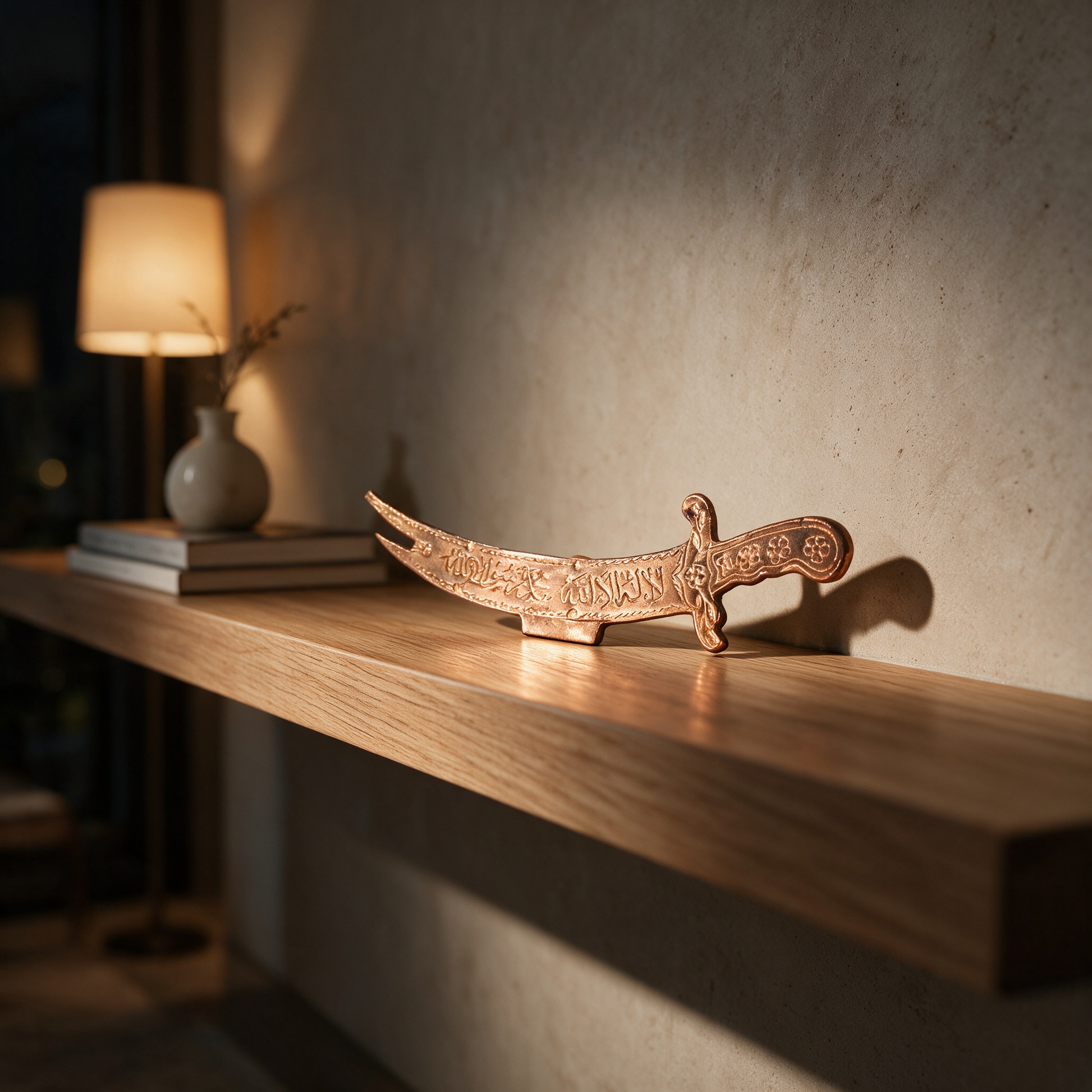 Siraj Edge handcrafted copper artifact displayed on a study shelf in a modern Dubai villa