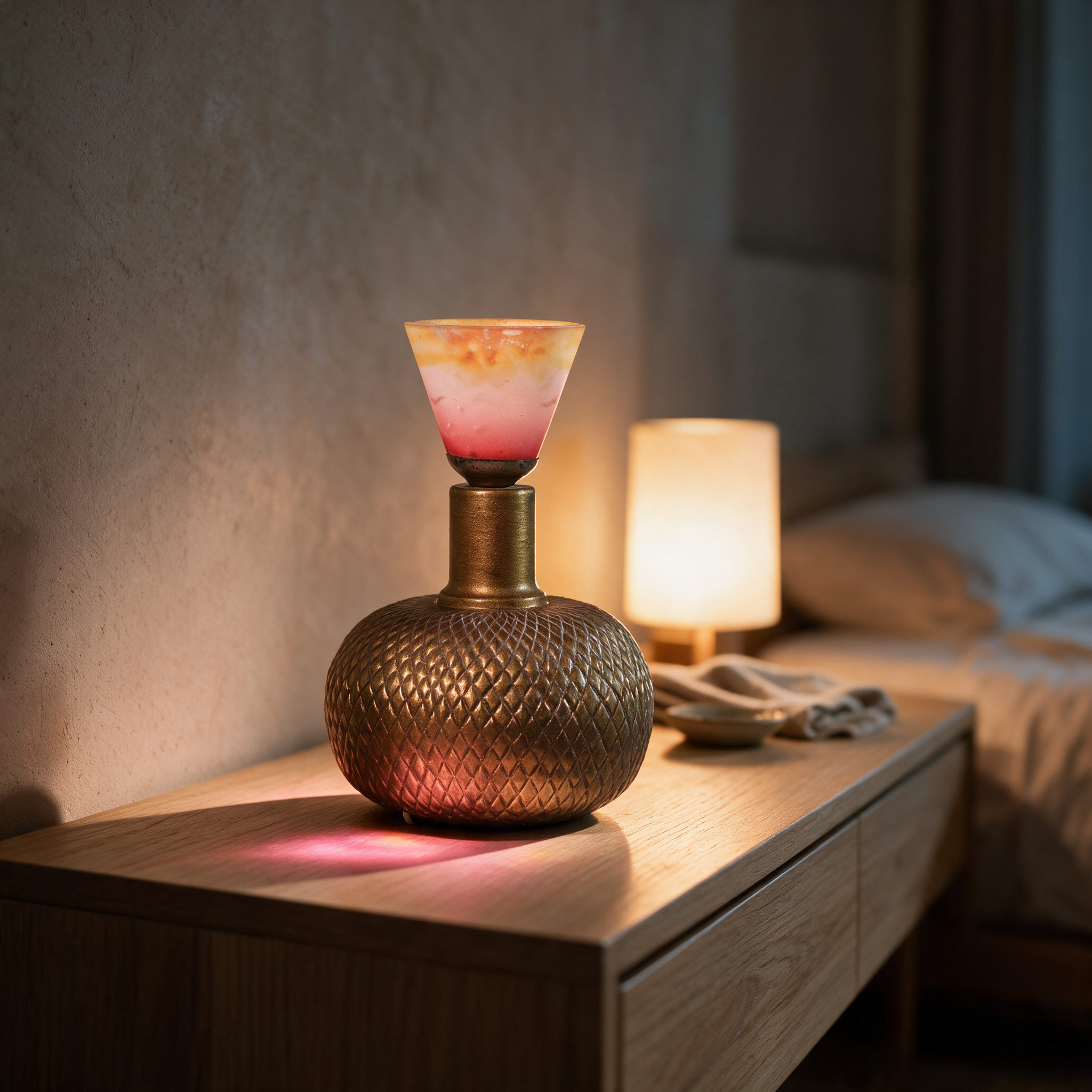 Qandil Vase in copper and coloured glass on a bedroom dresser in a modern Dubai villa