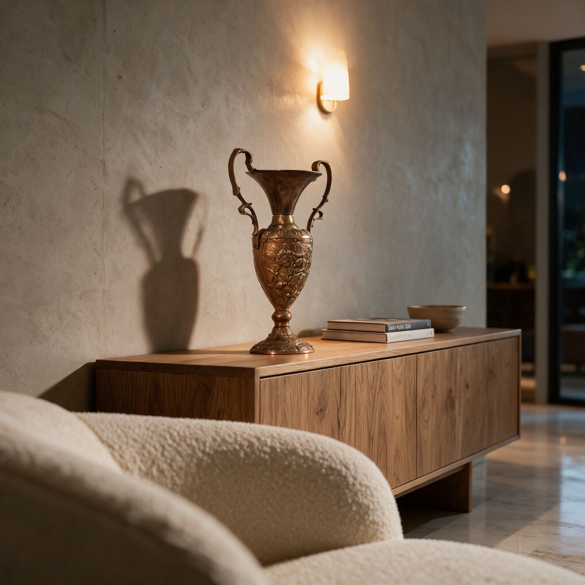 Leylak Vase hand-forged copper with twin handles on a sideboard in a modern Dubai villa