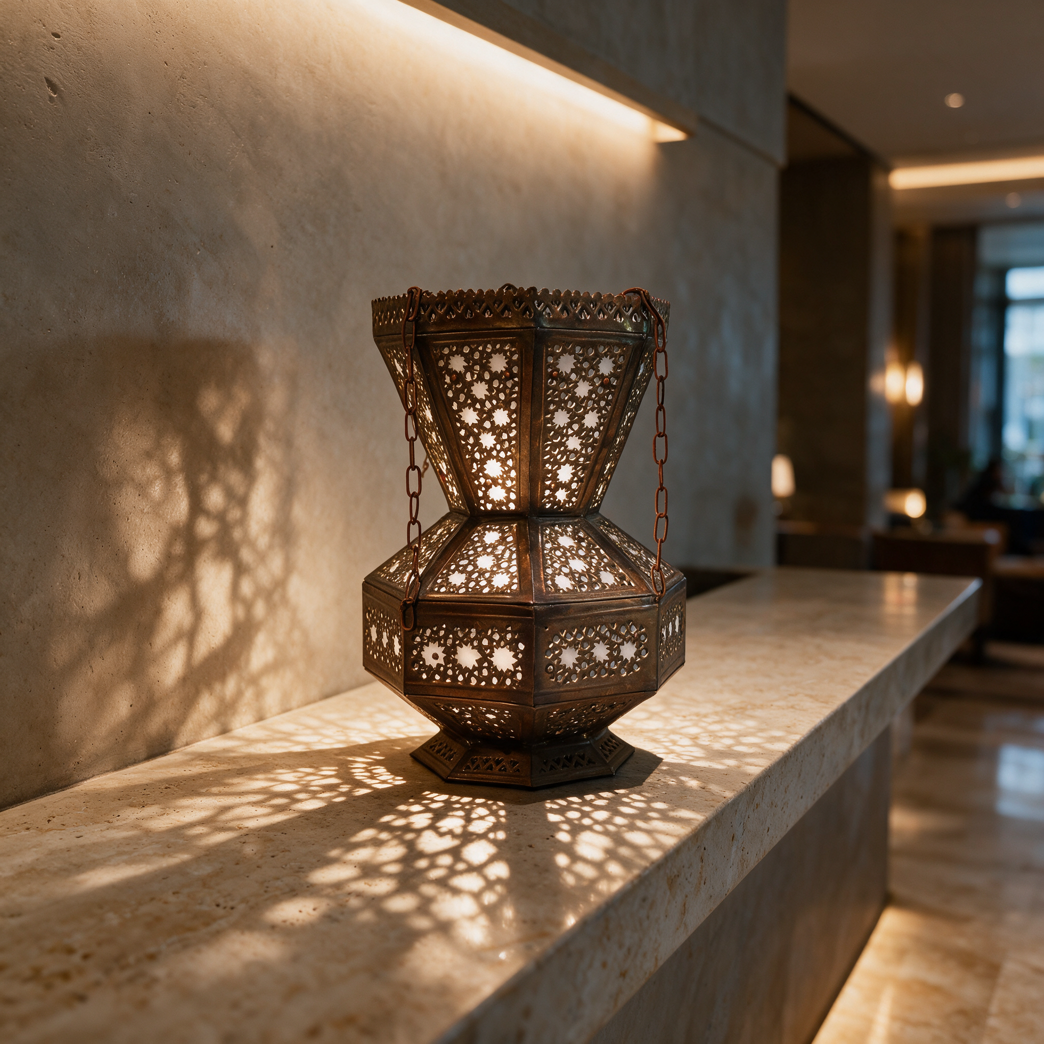 Qandil Layali copper lantern with geometric cut-outs on a boutique hotel reception desk in Dubai