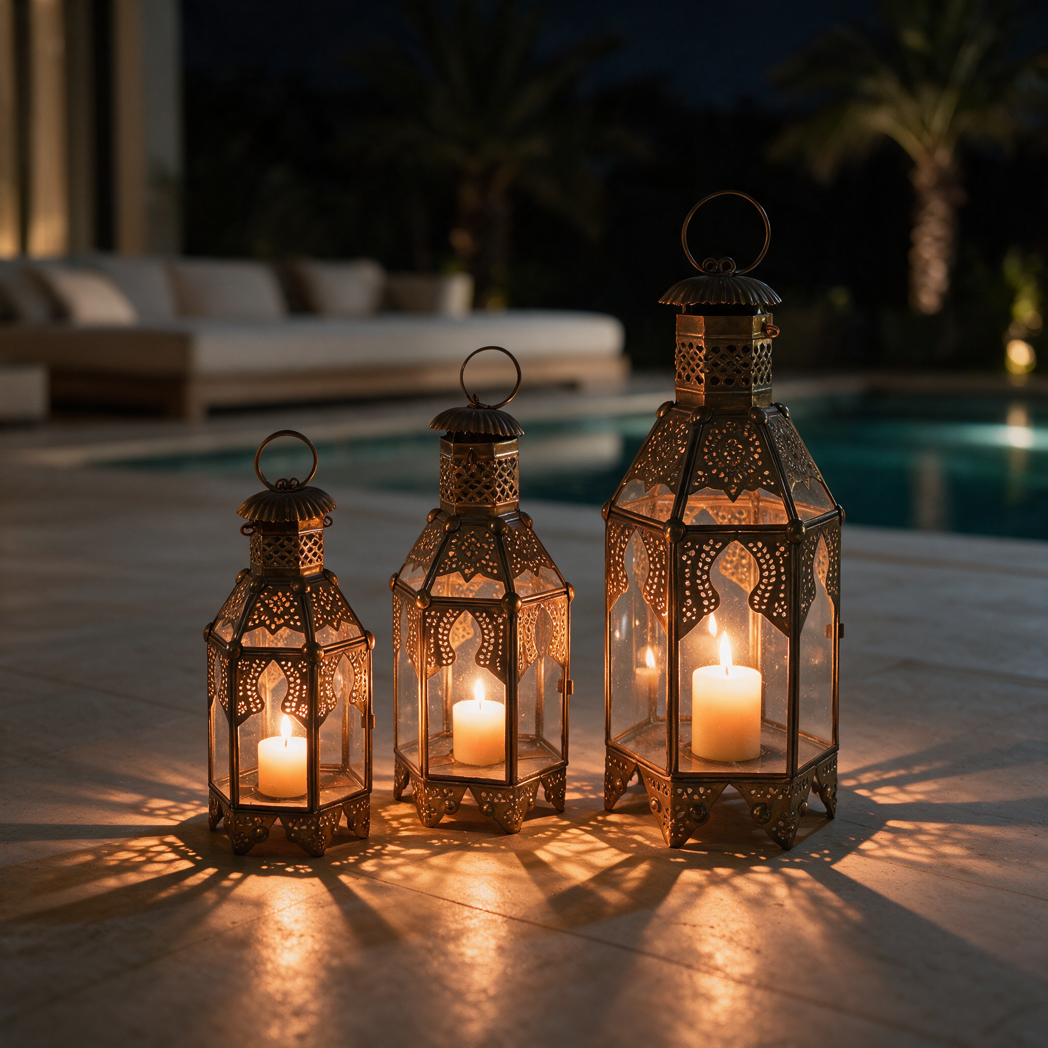 Lanterns of One Thousand and One Nights in three sizes glowing on the terrace of a modern Dubai villa