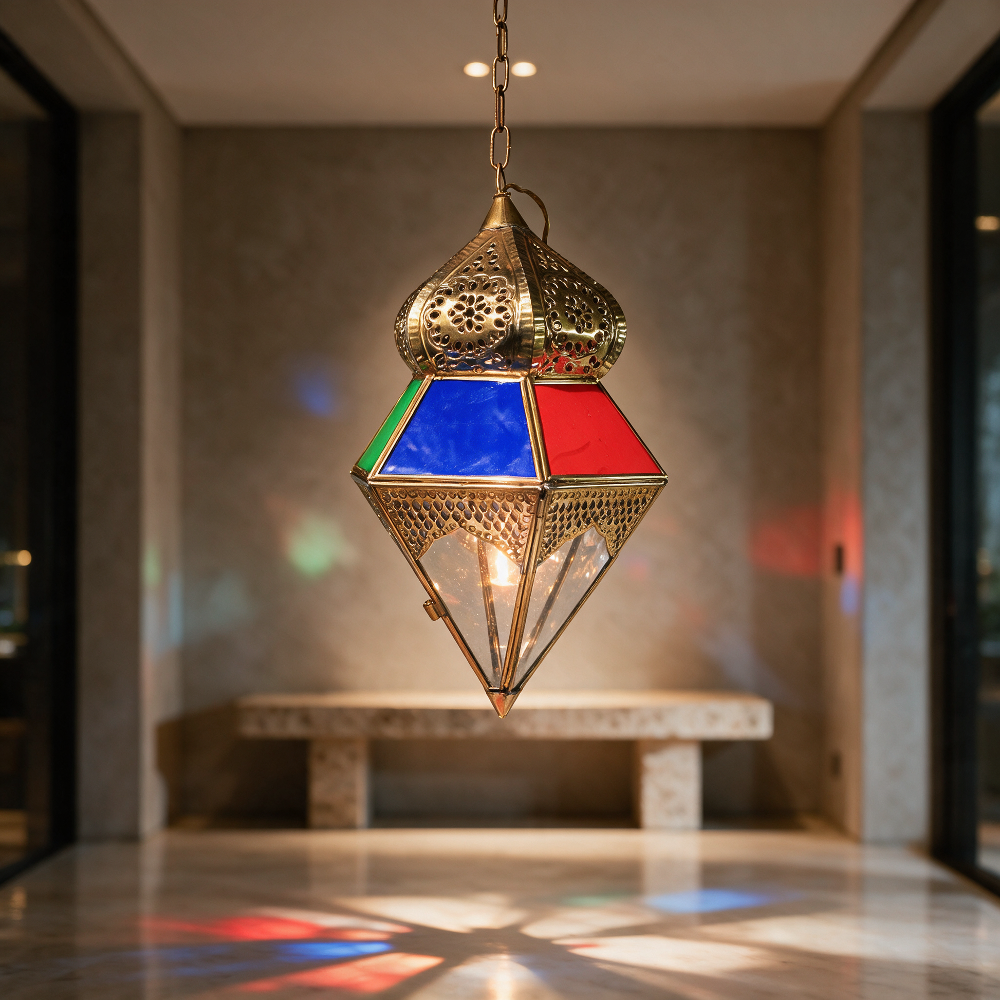 Lantern of Colors hanging from a copper chain in the entrance hall of a modern Dubai villa