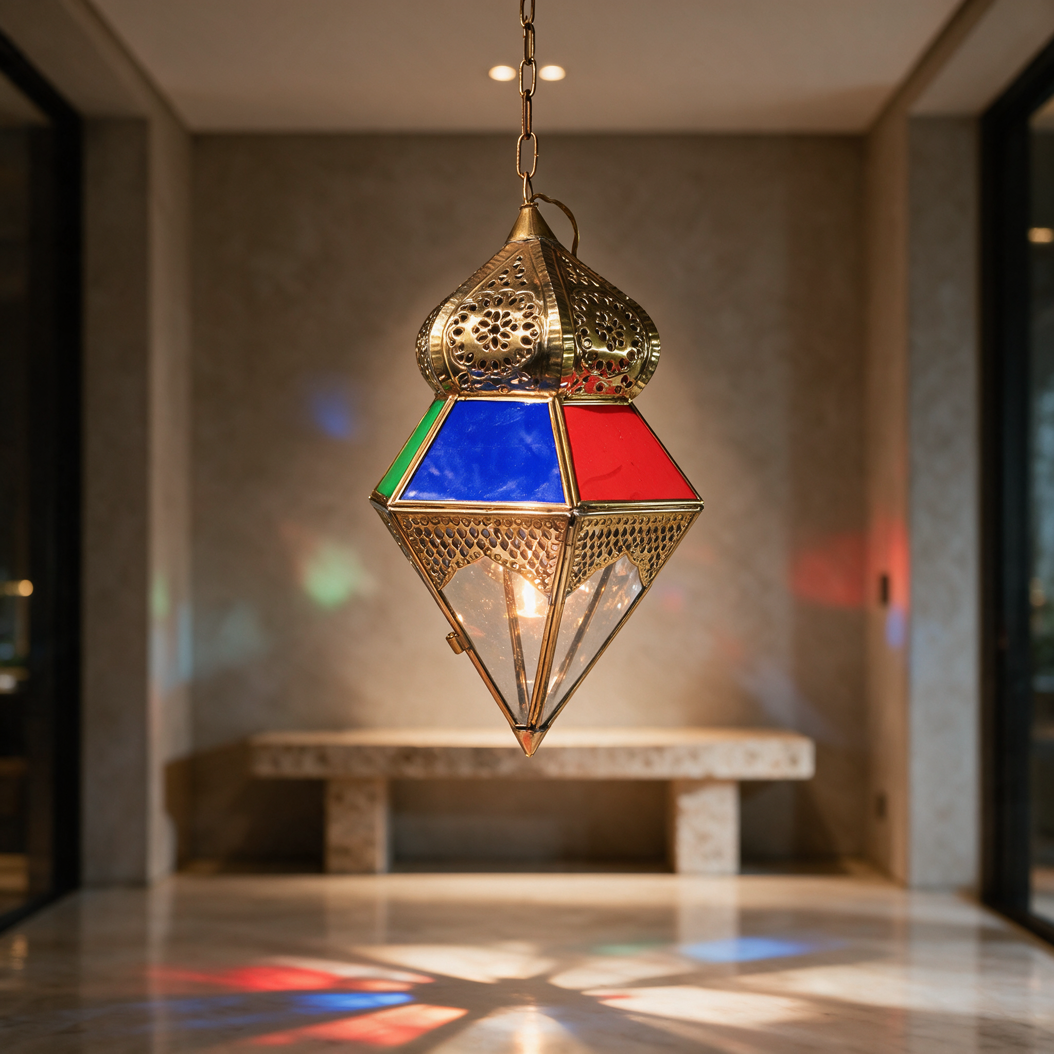 Lantern of Colors hanging from a copper chain in the entrance hall of a modern Dubai villa