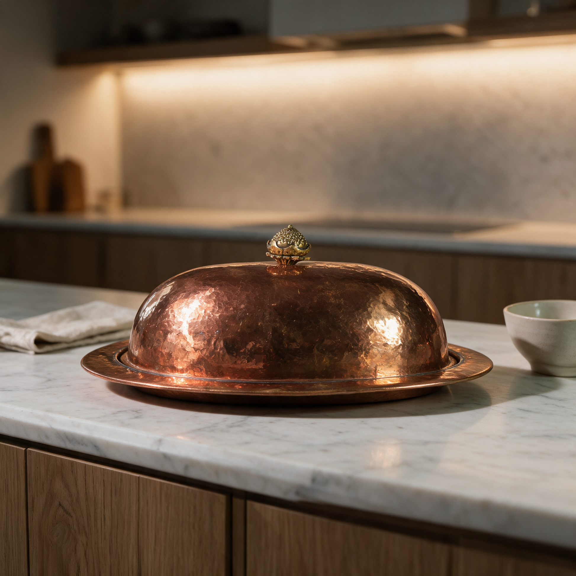 Ziyafet Dome Ottoman copper serving dish on a marble kitchen counter in a modern Dubai villa