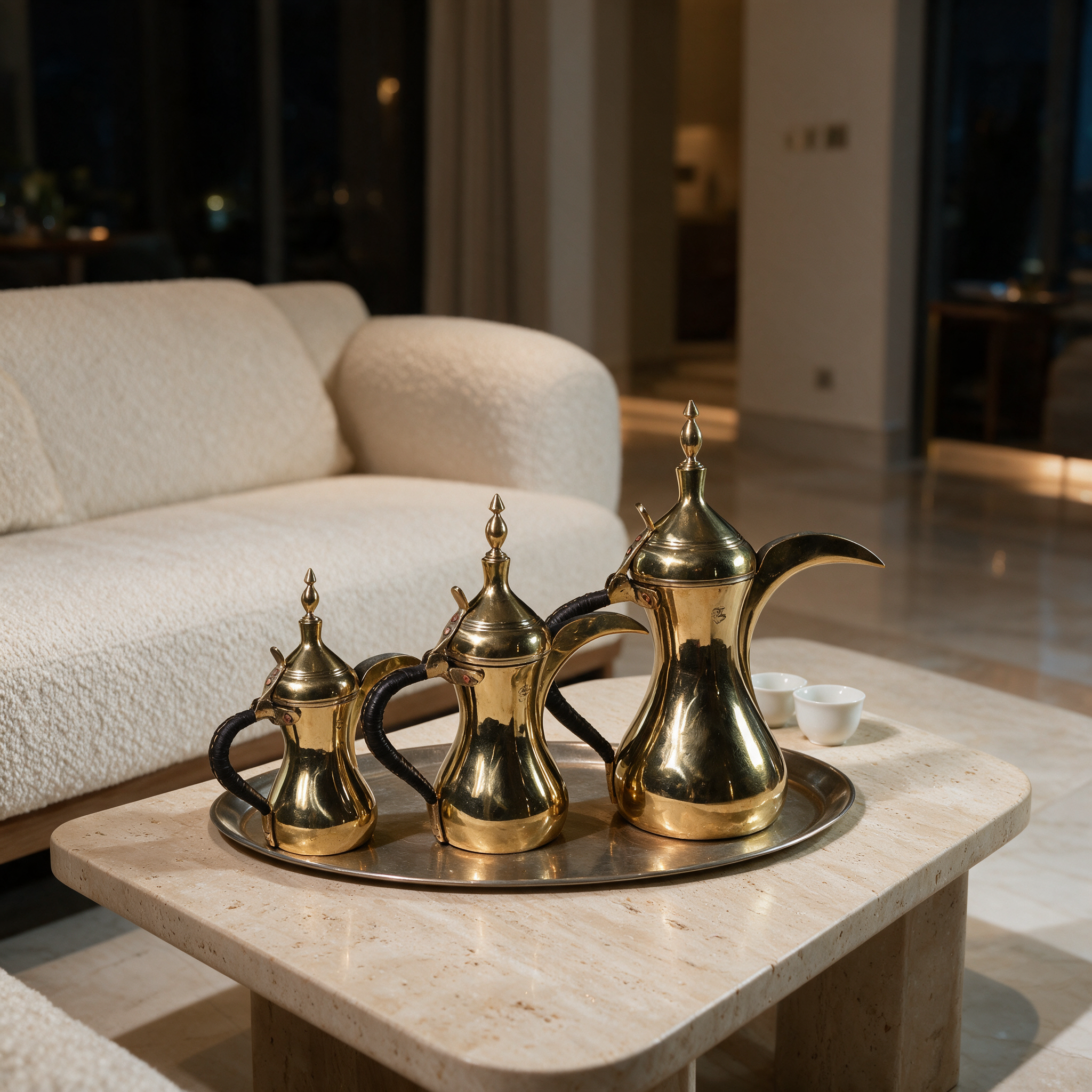 Majlis Dallah three-piece copper coffee pot set on a tray in a modern Dubai villa living room