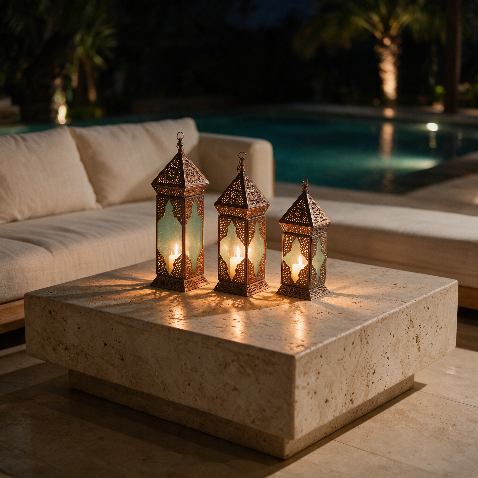 Lanterns of the Dawn Caravan in three sizes glowing on a terrace table in a modern Dubai villa