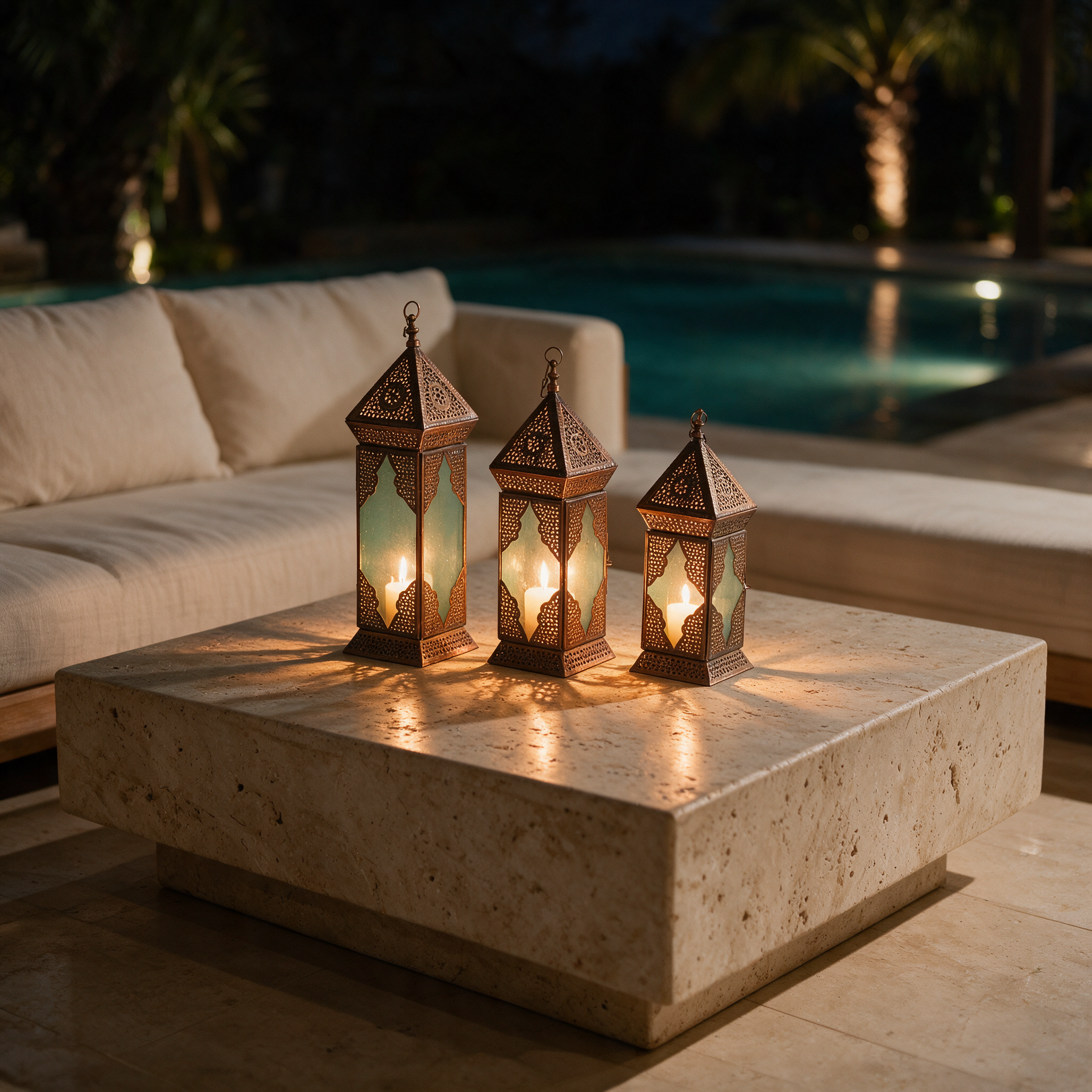 Lanterns of the Dawn Caravan in three sizes glowing on a terrace table in a modern Dubai villa