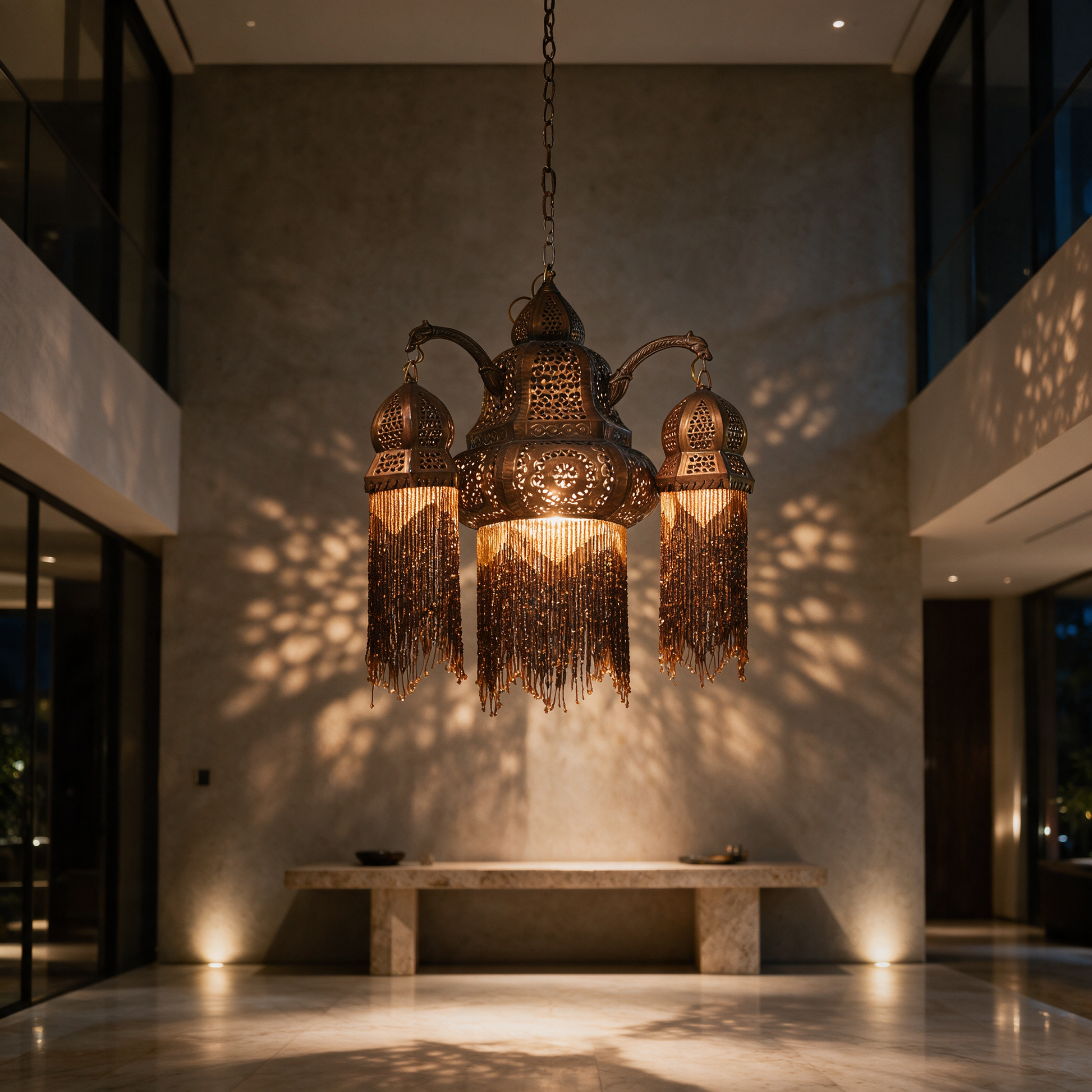 Saray Tassel Lantern hanging in the entrance hall of a modern Dubai villa at night
