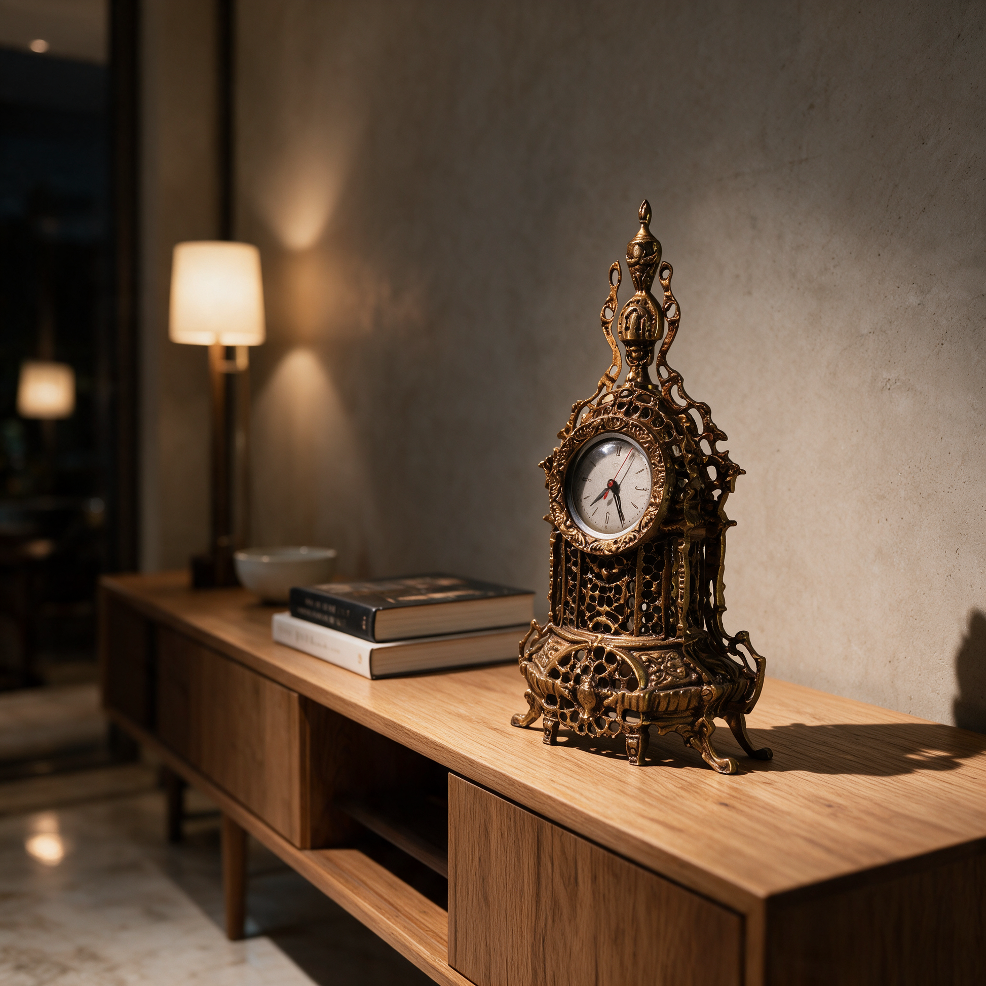 Divan Clock Ottoman copper timepiece on a study sideboard in a modern Dubai villa