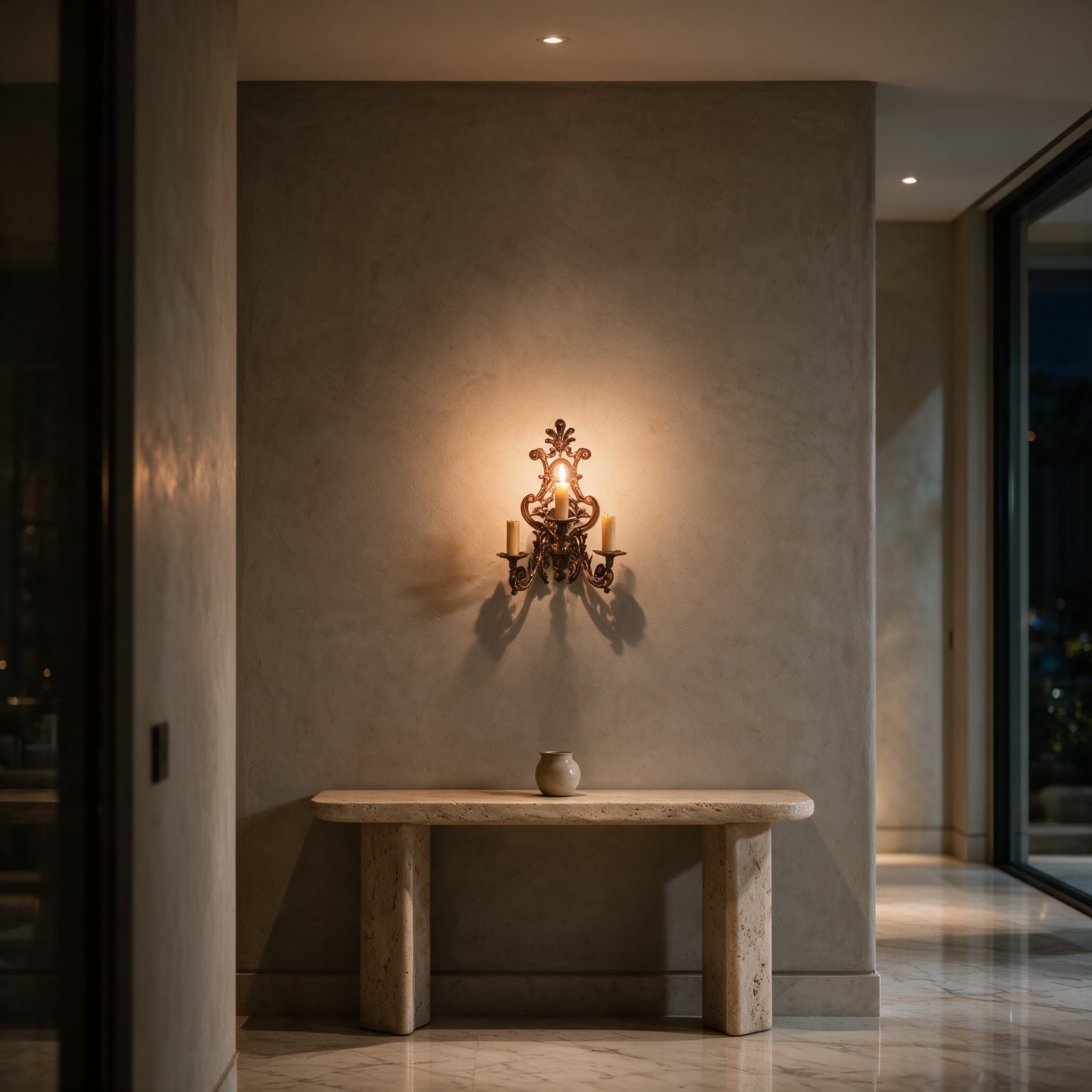 Shama'a copper wall sconce with a lit candle in the hallway of a modern Dubai villa