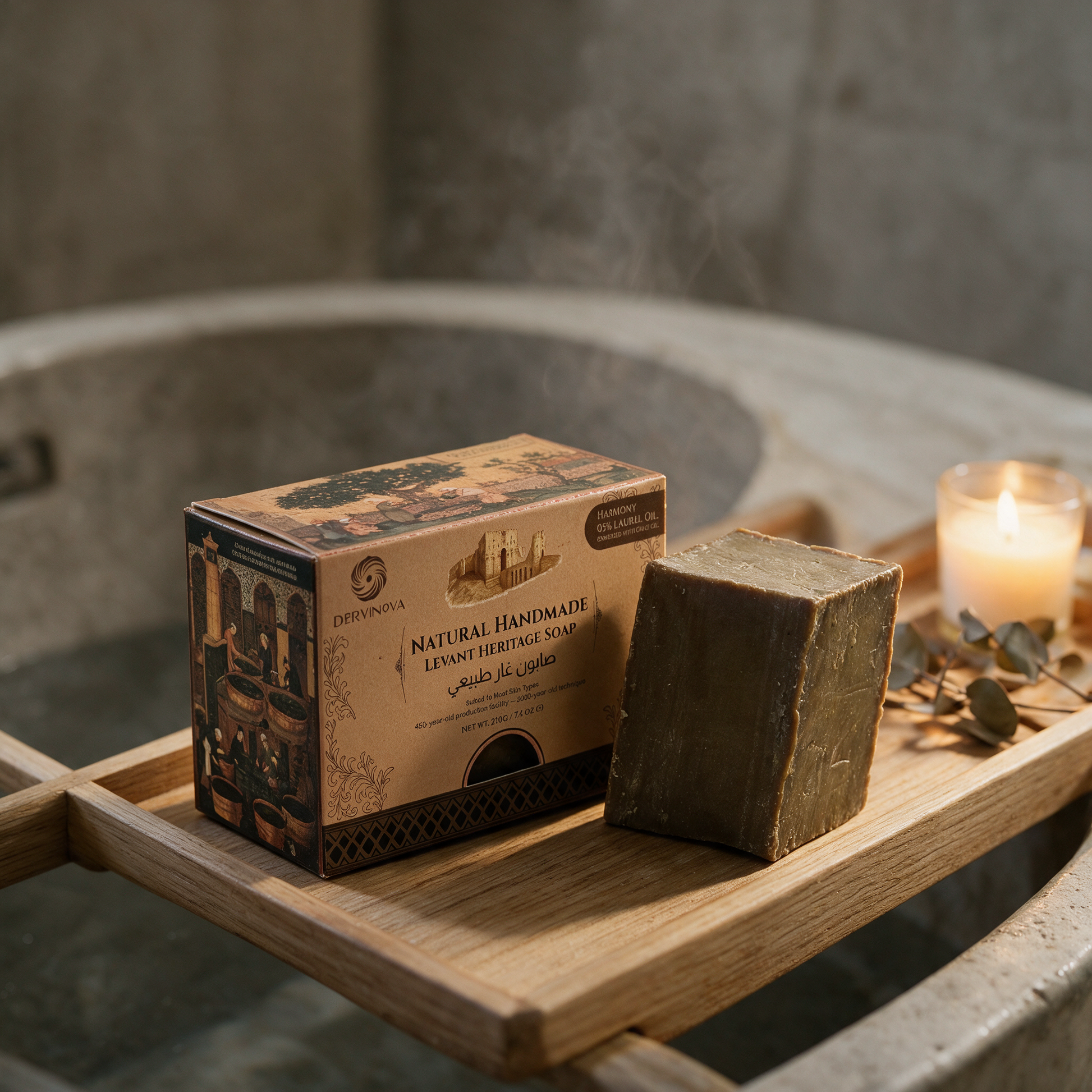 Harmony 5% Laurel Aleppo soap bar and its retail box on a bath tray in a modern Dubai villa spa bathroom