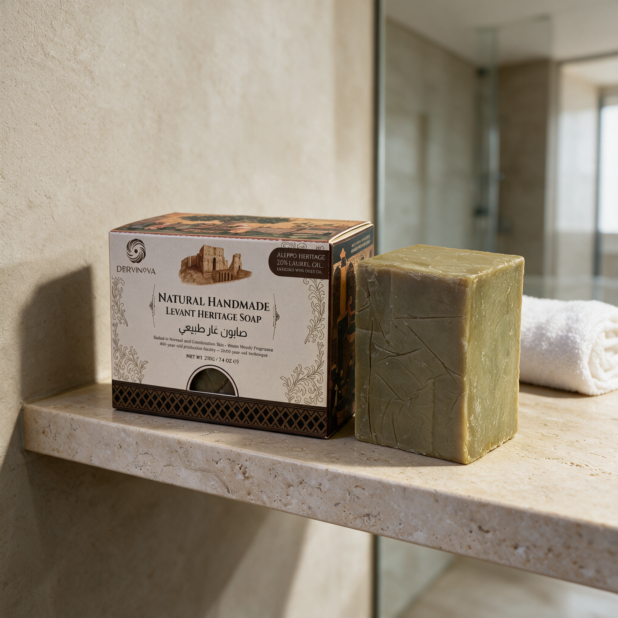 Aleppo Heritage 20% Laurel soap bar and its retail box on a travertine shelf in a modern Dubai villa bathroom