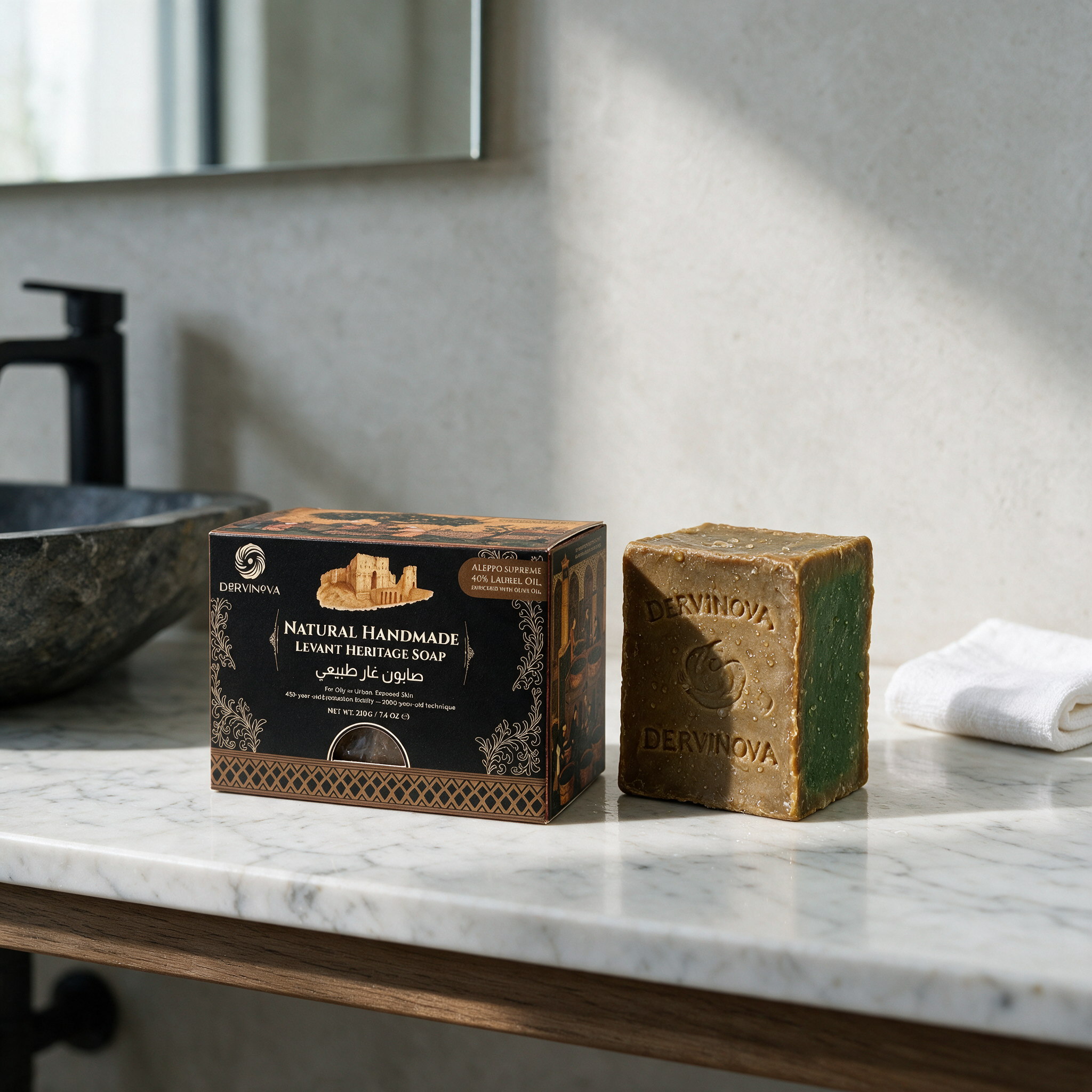 Aleppo Supreme 40% Laurel soap bar and its retail box beside a stone basin in a modern Dubai villa bathroom