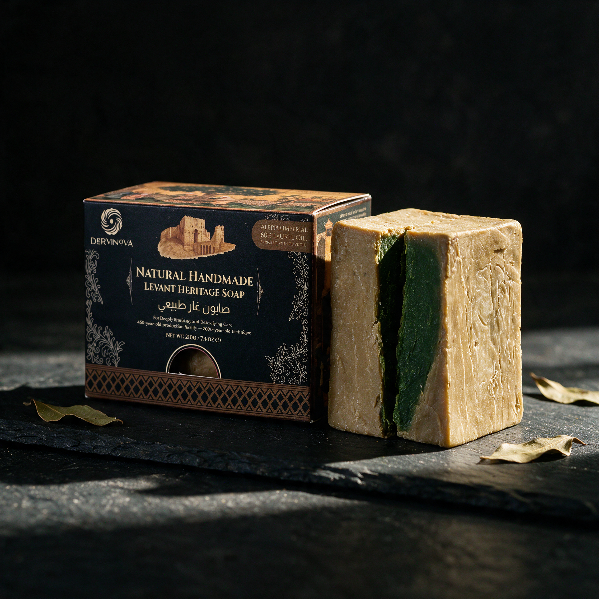 Aleppo Imperial 60% Laurel soap bar cut open beside its retail box on dark slate