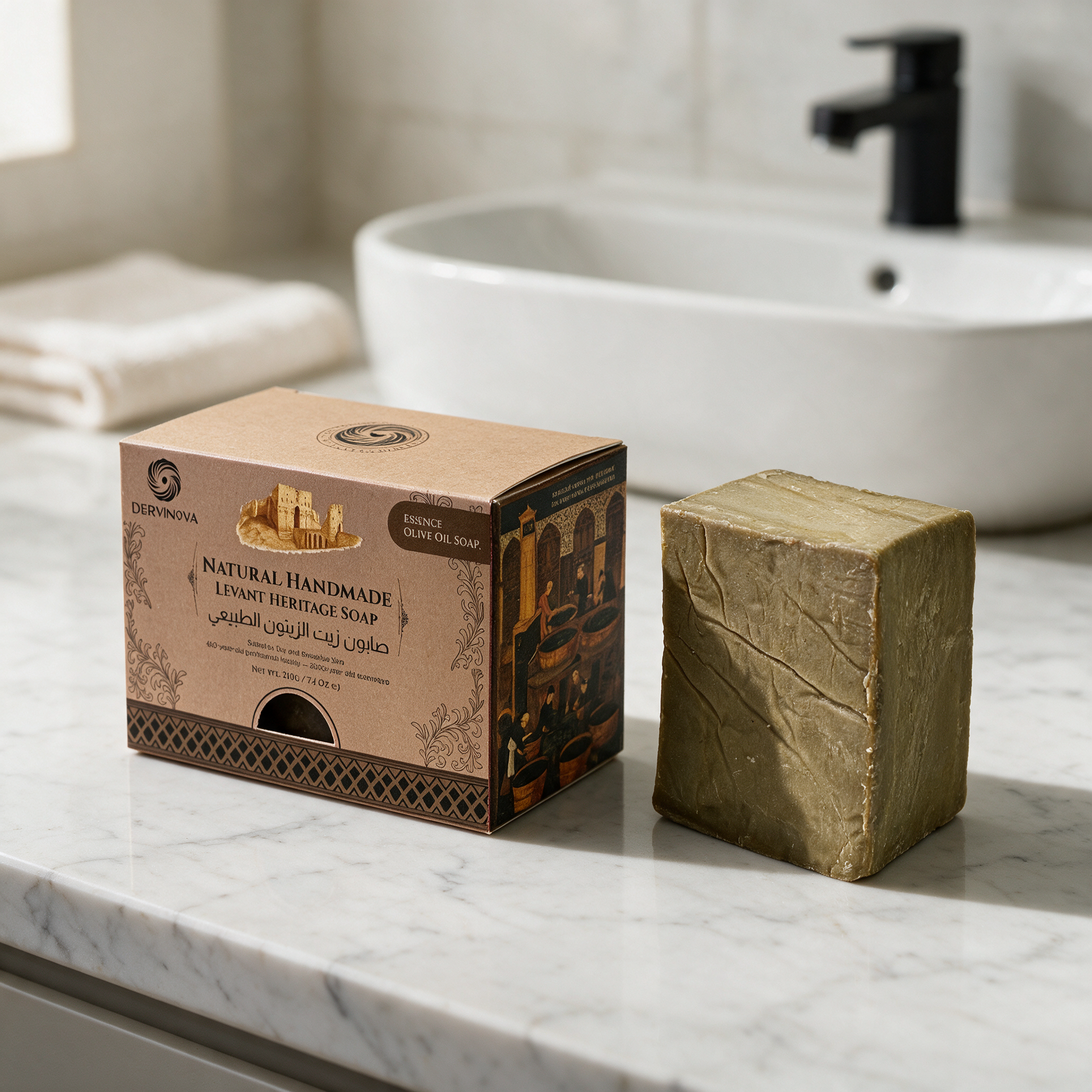 Essence olive oil soap bar and its retail box on a marble vanity in a modern Dubai villa bathroom